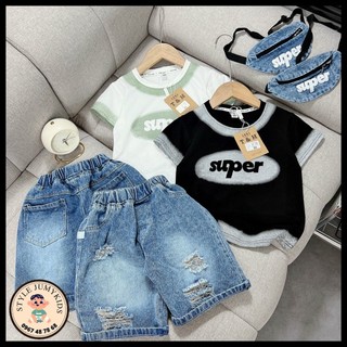 Set Jean Quảng Châu Unisex (12kg - 28kg) 3 chi tiết siêu xinh cho Bé, áo ngắn tay quần jean kèm túi bao tử đeo chéo.