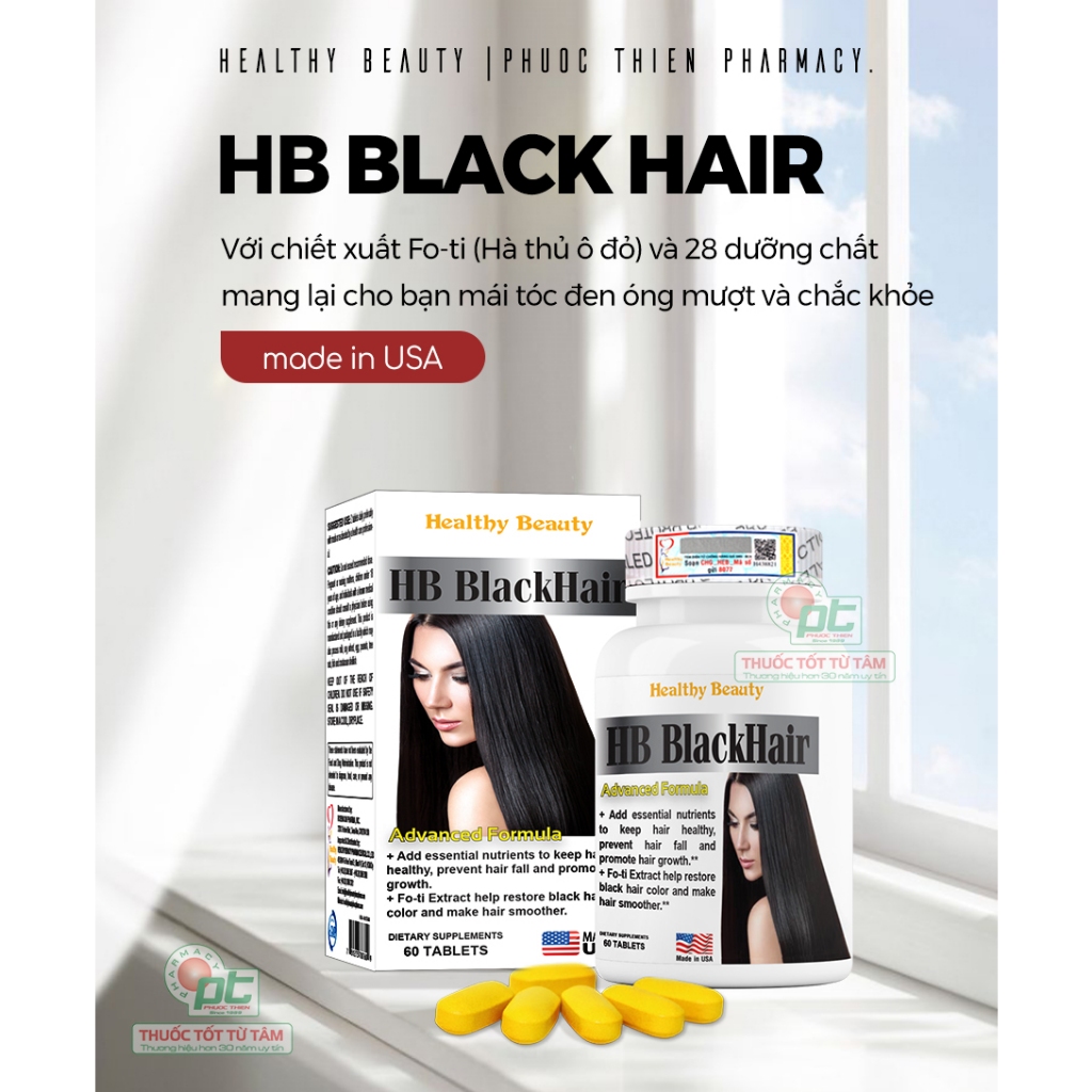 Viên uống chống rụng tóc kích thích mọc tóc HB BLACKHAIR 60 Viên Hà thủ ô đỏ giúp đen tóc black hair