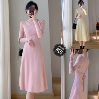 Đầm hở ngực tay dài phom xoè chất thun gân co giãn thích hợp mặc đi làm đi chơi đi tiệc