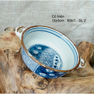 Chén/thố có quai gốm mộc hoạ tiết men lam viền nâu - gốm sứ nhật bản