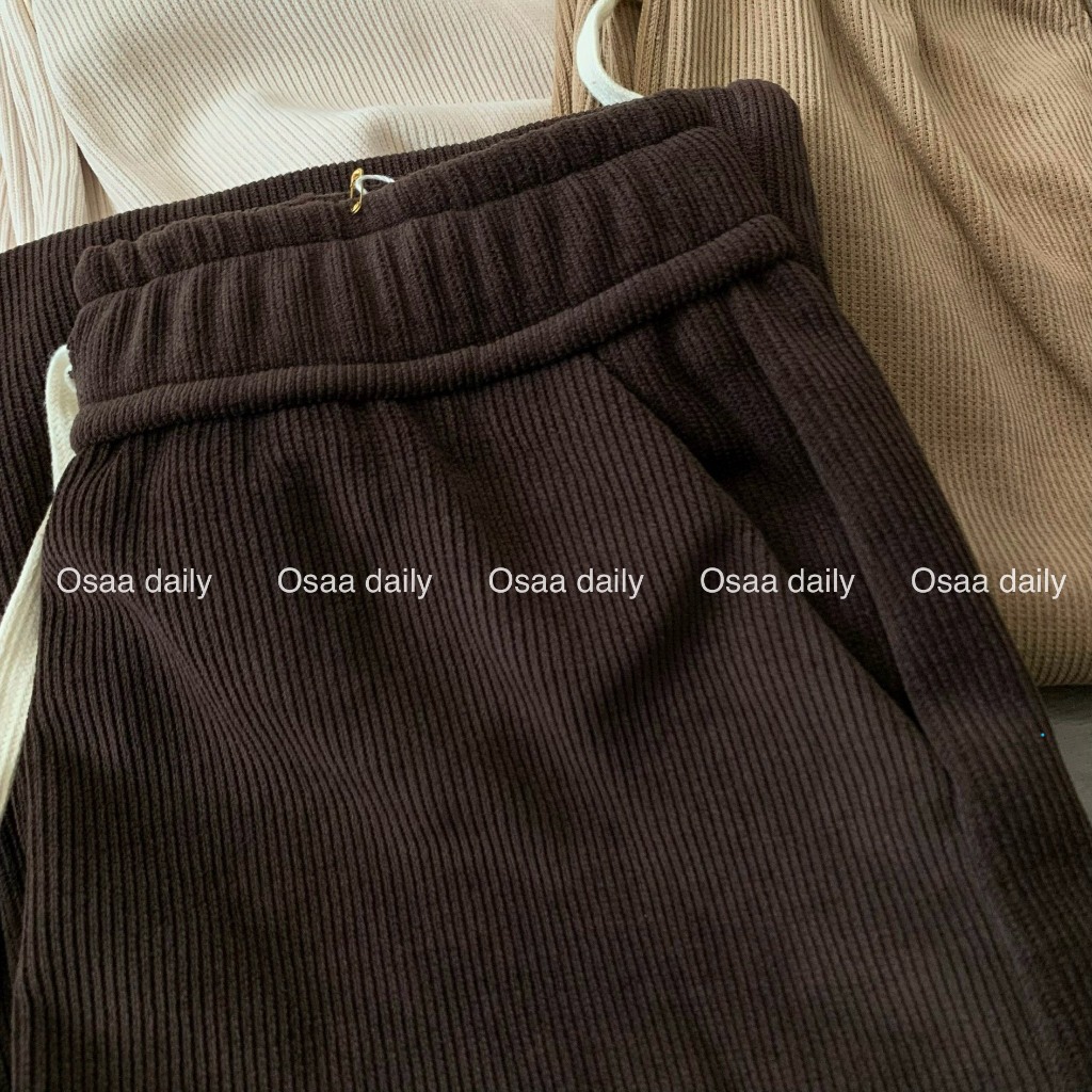 Quần nỉ nhung gân tăm dày dặn dáng dài ống suông cạp mix chun dây rút chỉnh eo  - OSAA DAILY