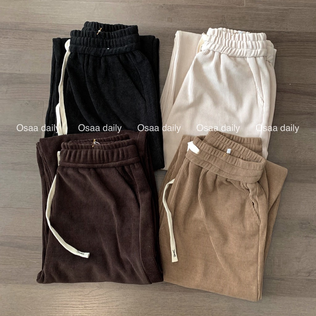 Quần nỉ nhung gân tăm dày dặn dáng dài ống suông cạp mix chun dây rút chỉnh eo  - OSAA DAILY