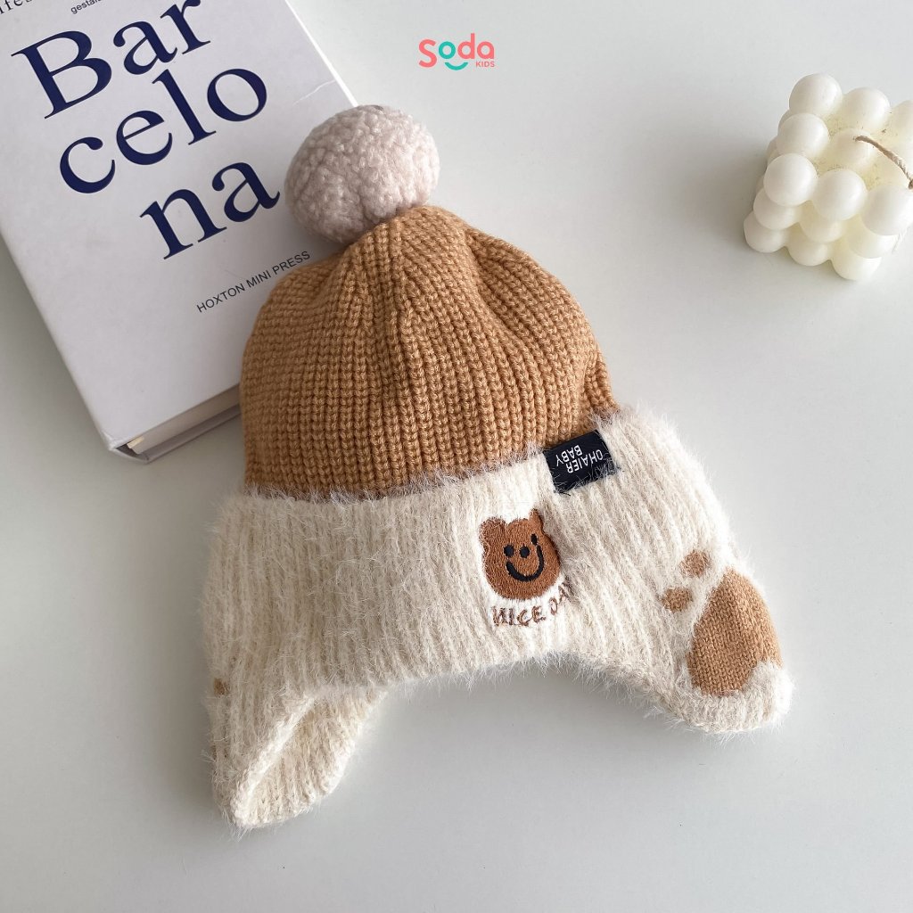 Mũ len che tai hình gấu Nice Day cho bé 1 - 6 tuổi