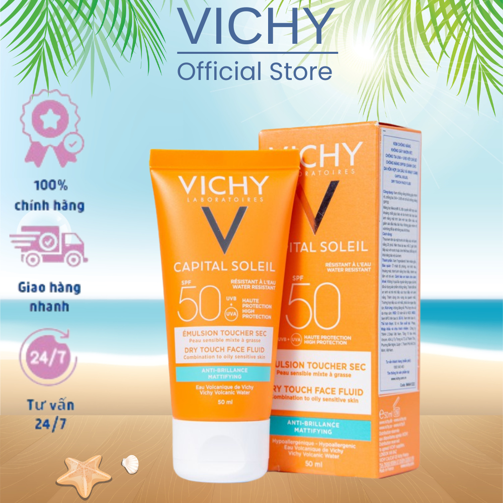 Kem Chống Nắng Vichy Ideal Soleil SPF50+ Dry Touch 50ML Hỗ Trợ Chống Nước (Water-resistant)