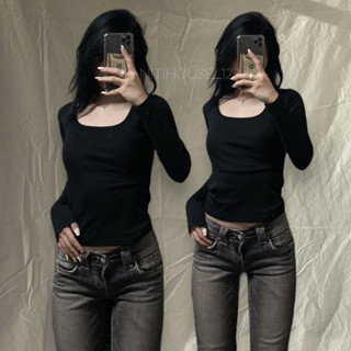 [Mới] Áo tay dài body ôm lửng trơn cổ vuông y2k