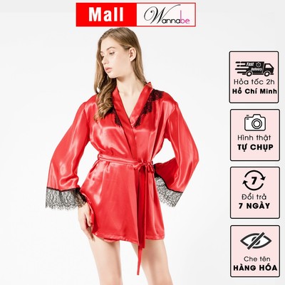 Áo choàng ngủ WANNABE áo khoác kimono hiện đại phối ren lông mi vai tay áo lưng rất sang chảnh KI596