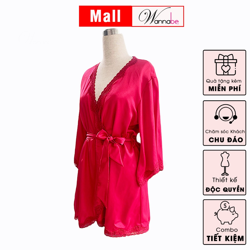 Áo choàng ngủ lụa nữ WANNABE KI605 áo khoát kimono viền ren điệu đà tùng váy xòe tạo cảm giác nhẹ nhàng cho người mặc