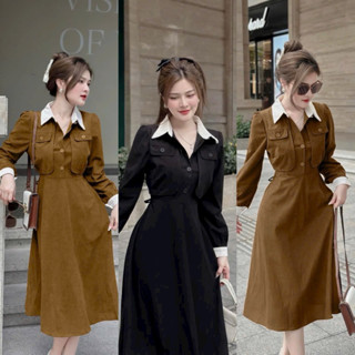 Đầm nhung tăm phối cotton lạnh cổ sơ mi phối tay, váy thời trang nữ suông rút dây eo Qc