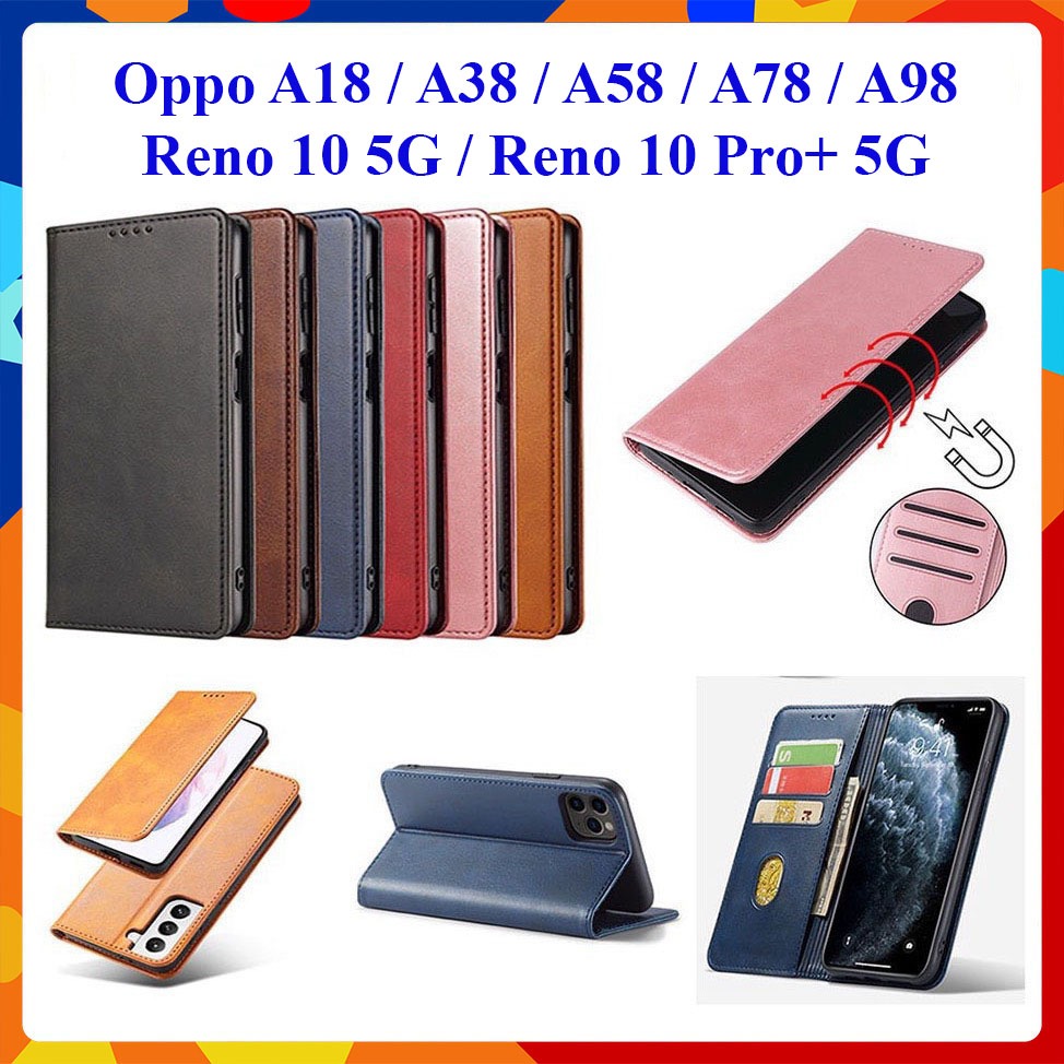 Bao da dạng ví Oppo A18, A38, A58, A78, A98, Reno 10 5G, Reno 10 Pro+ 5G có nắp gập, ngăn đựng thẻ ATM tiền tiện lợi