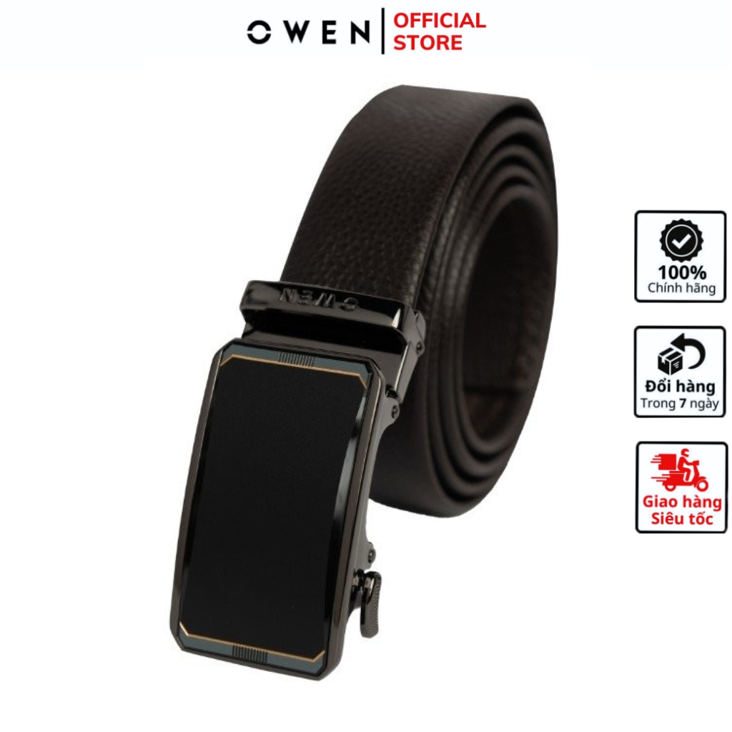 Thắt lưng da bò thật nam cao cấp OWEN dây màu nâu mặt kẻ viền vàng hợp kim nguyên khối khóa trượt tự động