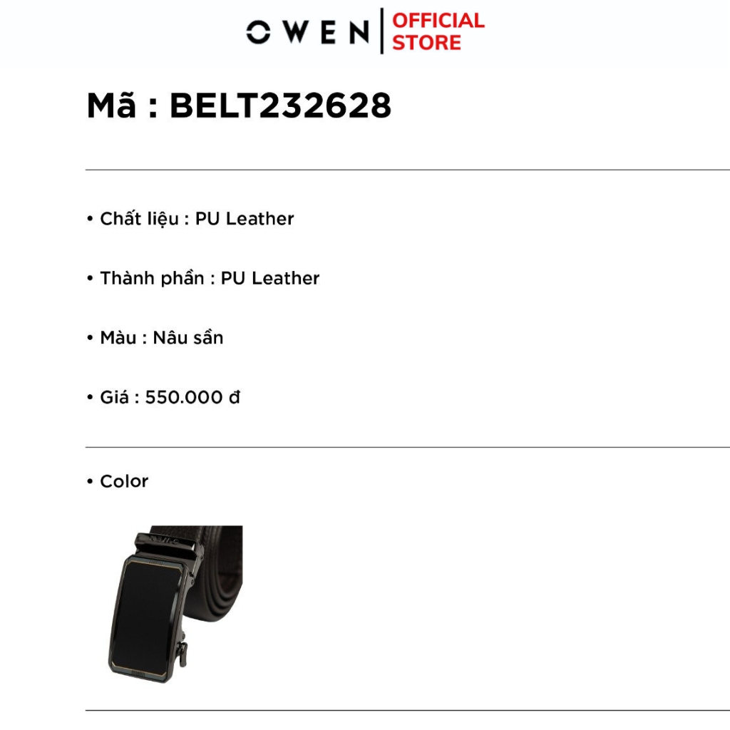 Thắt lưng da bò thật nam cao cấp OWEN dây màu nâu mặt kẻ viền vàng hợp kim nguyên khối khóa trượt tự động