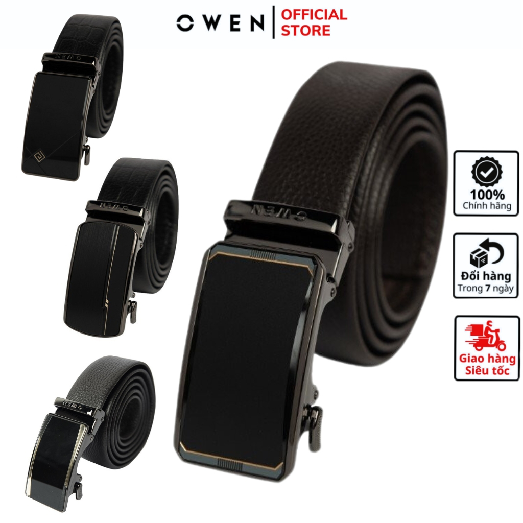 Thắt lưng da nam cao cấp OWEN Chất Da Bò Thật nhập khẩu mặt khóa trượt tự động dây màu nâu sần hoặc đen dập vân