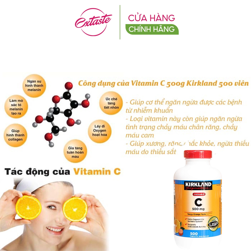Viên nhai Vitamin C Kirkland Signature 500mg hỗ trợ làm đẹp da, tăng đề kháng 500 viên quatangme.com.vn