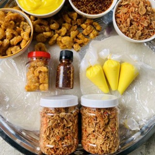 combo 2 sấp bánh tráng+2 hủ muối tép hành phi 1 hủ tóp mỡ+ 3 túi bơ 1 chai sốt tắc