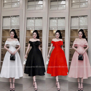 đầmdự tiệc nữ sang chảnh chất tapta cứng cuốn bông gắn rời trễ vai váy xoè 4 màu maxi