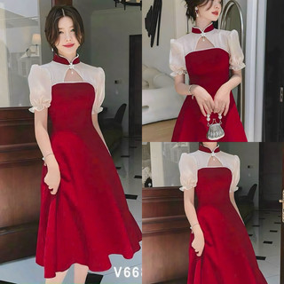Đầm thời thượng mặc Tết chất UMI dày cao cấp cổ tàu phối voan tơ kèm phụ kiện có mút ngực váy xoè maãi màu đỏ.!