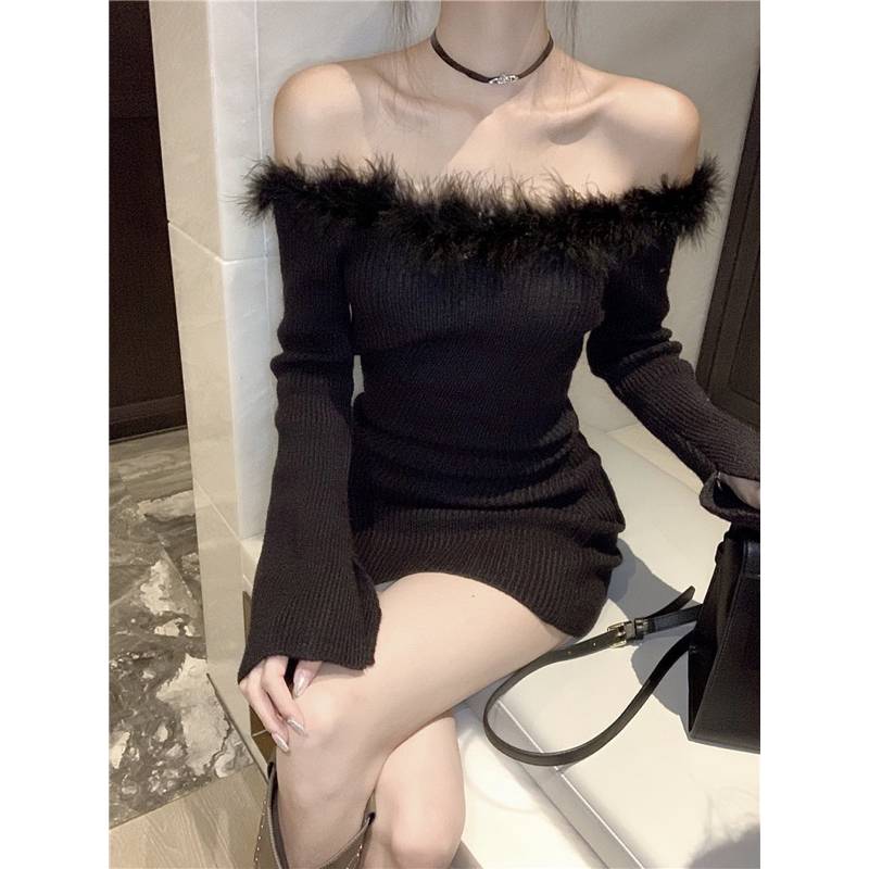 💕ĐẦM BỆT VAI PHỐI LÔNG VŨ TRẮNG/ ĐEN ĐẦM BODY SEXY KT💕GIMI