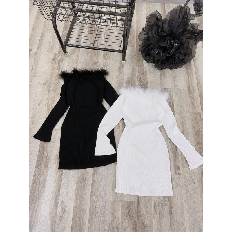 💕ĐẦM BỆT VAI PHỐI LÔNG VŨ TRẮNG/ ĐEN ĐẦM BODY SEXY KT💕GIMI