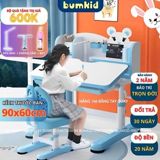 Bộ bàn học chống gù chống cận BumKid A4, bàn học thông minh cho bé mặt bàn rộng 90cm, bàn học cao cấp thay đổi chiều cao