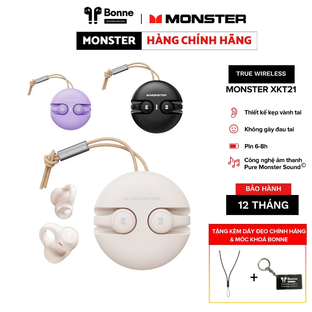 Tai nghe kẹp vành tai MONSTER XKT21 by BONNE TECH, tai nghe kẹp tai true wireless chính hãng, cảm ứng đa diểm,