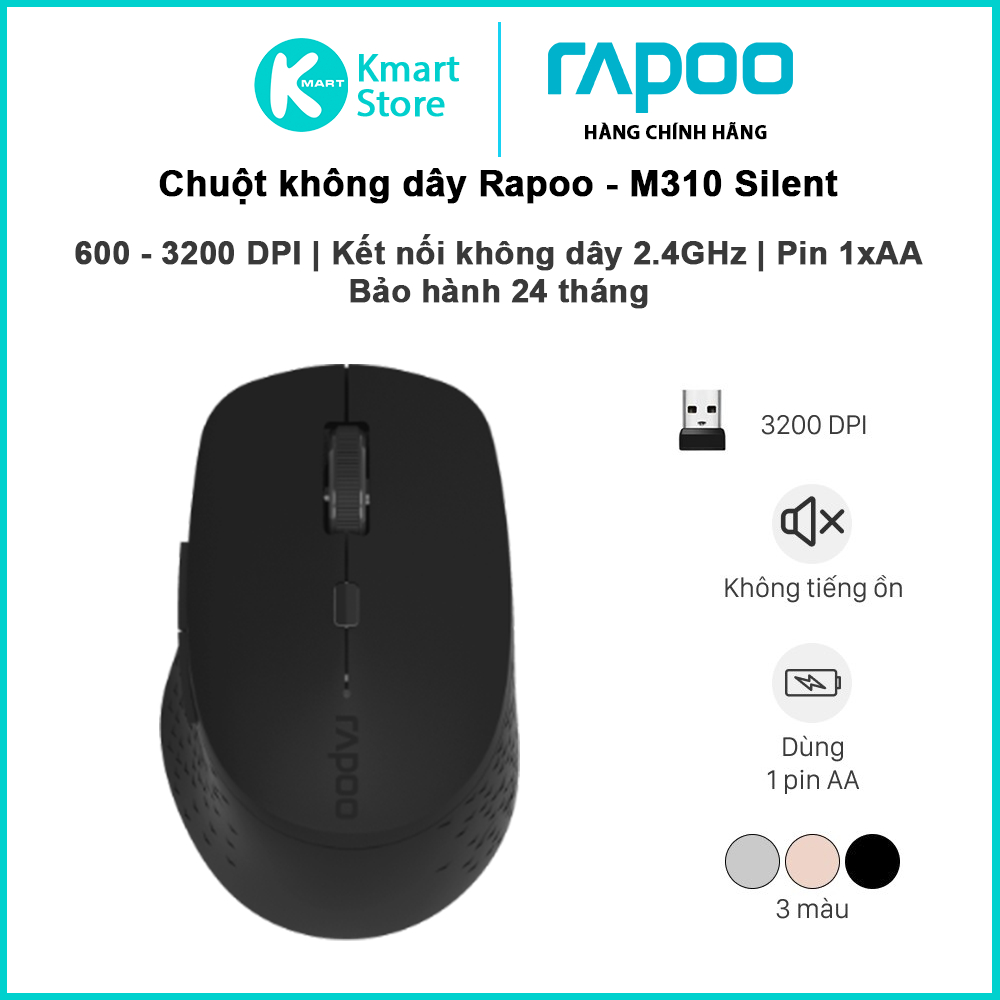 Chuột không dây Rapoo M310 Silent | Kết nối không dây 2.4GHz | 600 - 3200 DPI | Pin 1 x AA - Hàng Chính Hãng