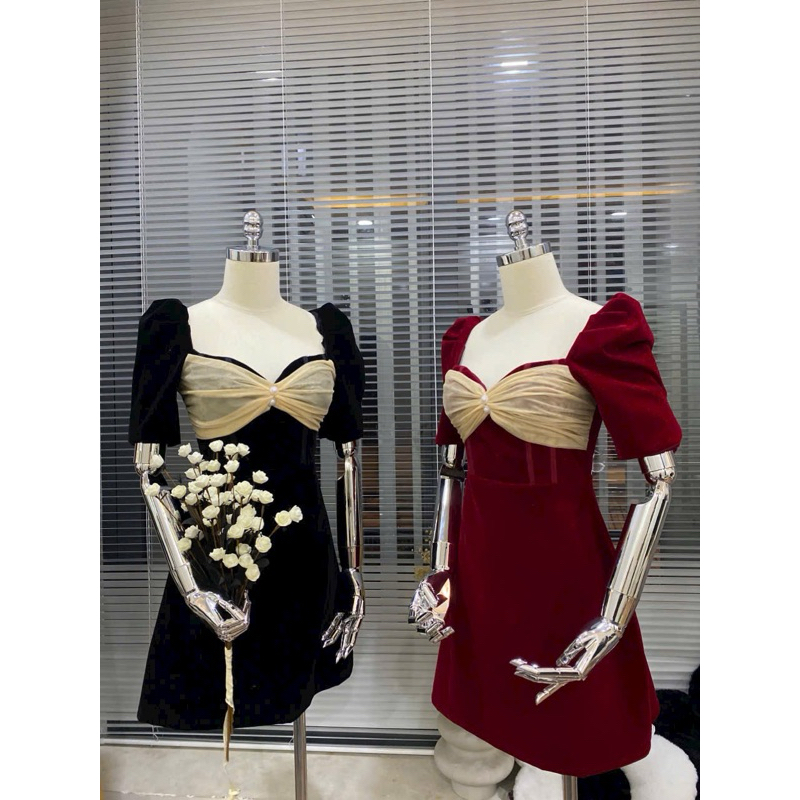 Đầm nhung thiết kế cổ vuông ngực đinh khuy phối lưới Đầm tết đính nơ ngực Bigsize Kim Ngân từ 50kg đến 100kg M/L/XL/XXL