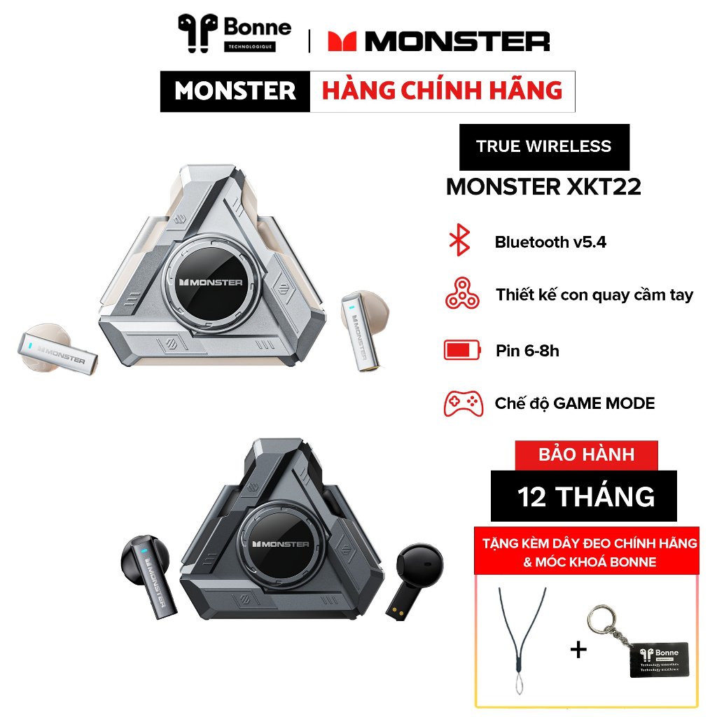 Tai nghe bluetooh MONSTER XKT22 by BONNE TECH,  true wireless chính hãng, cảm ứng đa diểm, có mic đàm thoại , bảo hành
