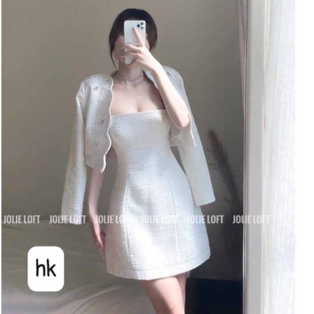 Sét dạ trắng sét dạ nữ dự tiệc cưới sét dạ tweed váy dạ kèm áo khoác ngoài viền sóng trắng cao cấp