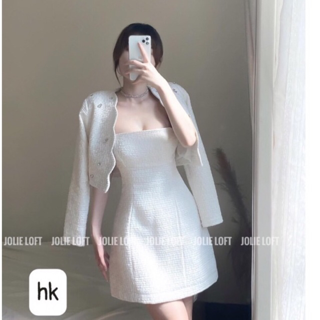 Sét dạ trắng sét dạ nữ dự tiệc cưới sét dạ tweed váy dạ kèm áo khoác ngoài viền sóng trắng cao cấp