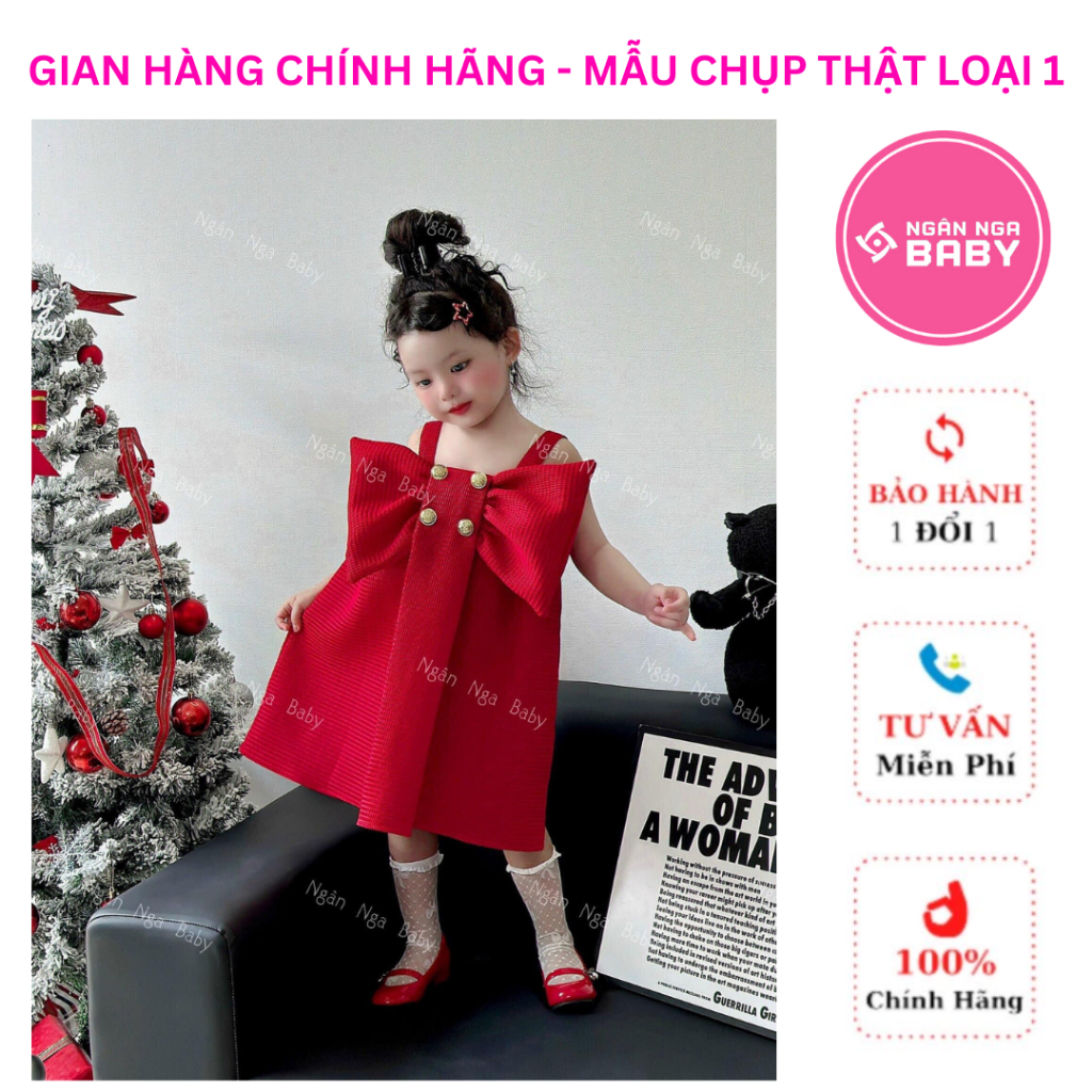 Váy nơ đỏ gắn cúc vàng siêu sang, đầm thiết kế chất liệu xịn đẹp Ngân Nga Baby