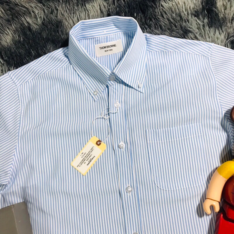 Áo sơ mi thom brown sọc xanh viền 2 tay