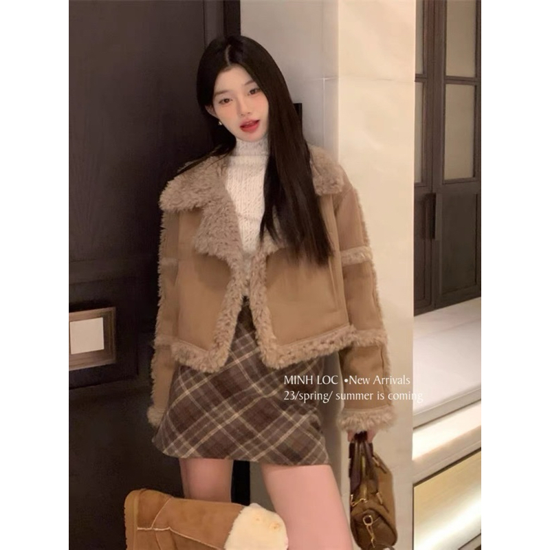 Áo khoác da lộn lót lông chuẩn Kiều Trang
