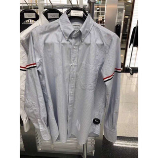 Áo sơ mi thom brown sọc xanh nhạt viền 2 tay