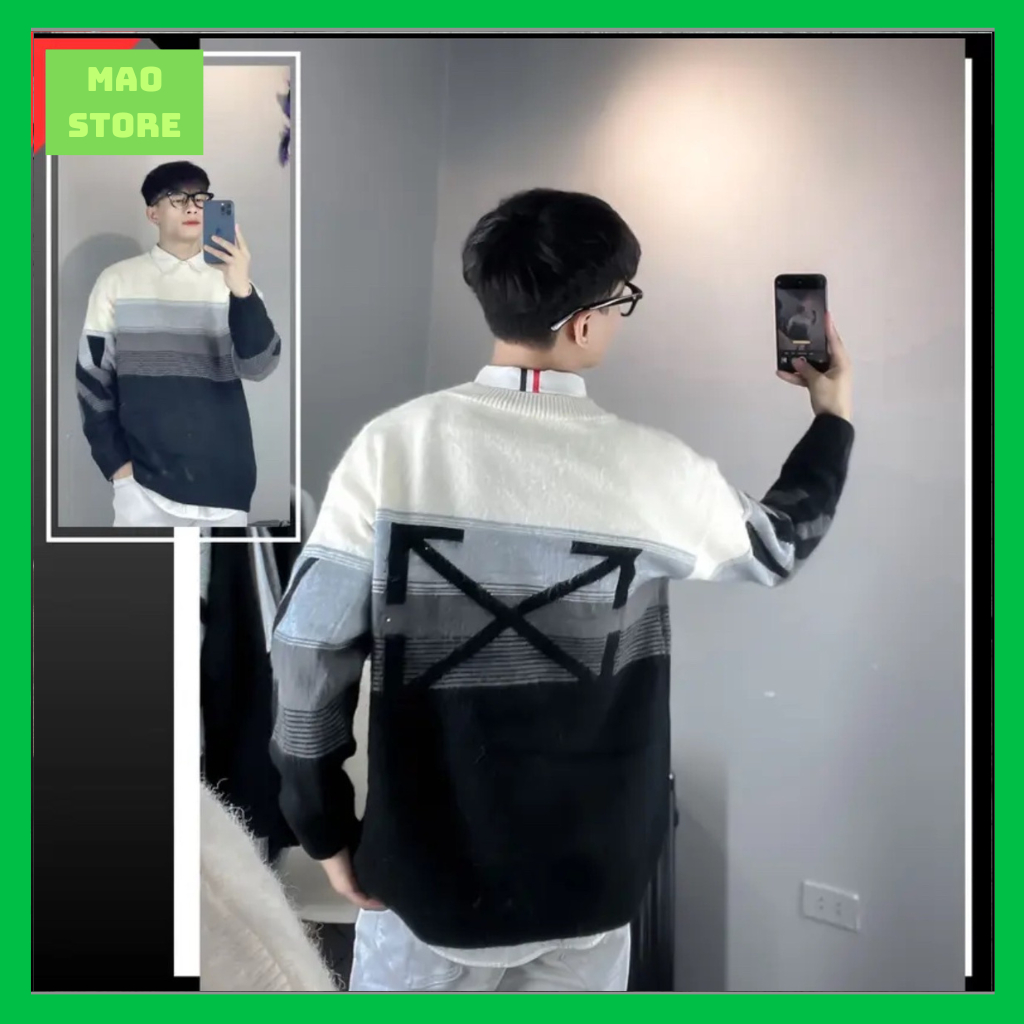 Áo Sweater Len Nam Nữ Off White Dệt Hoạ Tiết Sọc Vằn Đen Xám Be Hình Dấu X Sau Lưng Dành Cho Anh Em Boy Phố Đi Chơi 2023
