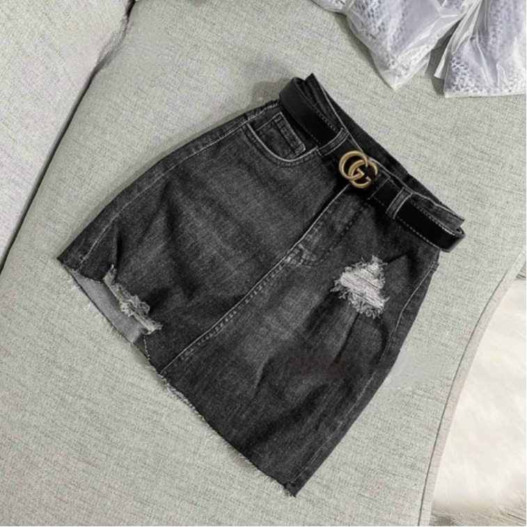 Váy jean nữ rách co giãn chân váy jean rách co giãn lưng siêu cao có lót quần