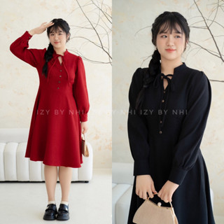 VÁY ĐẦM BIGSIZE NHUNG CỔ TÀU BUỘC NƠ - CHOU DRESS - IZYBYNHI