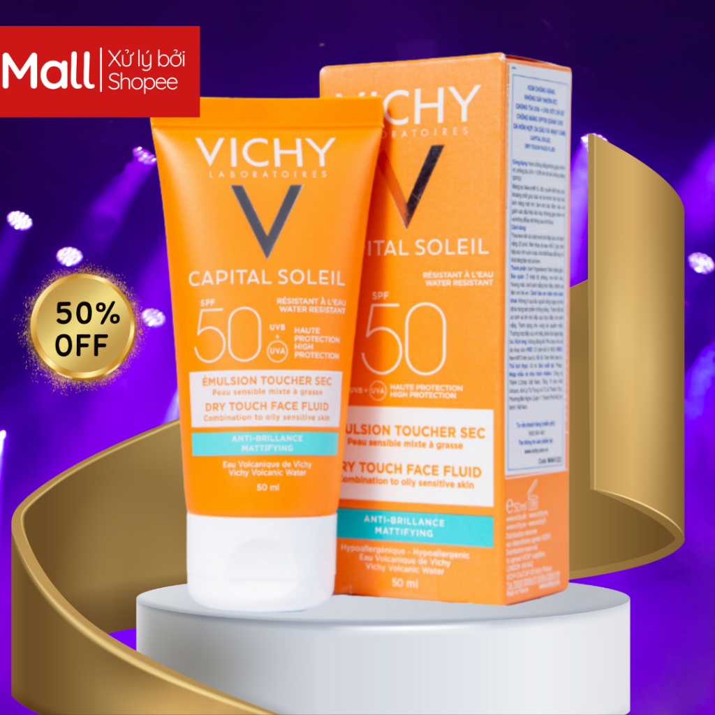 Kem Chống Nắng Vichy Không Gây Nhờn Rít Không Màu SPF50, Capital Soleil Mattifying Dry Touch Face Fluid