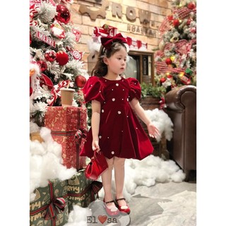 Váy bé gái - Váy Nhung Đỏ Bắn Ngọc siêu xinh cho bé 1-8 tuổi