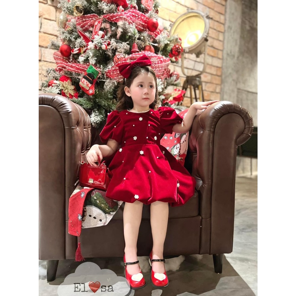 Váy bé gái - Váy Nhung Đỏ Bắn Ngọc siêu xinh cho bé 1-8 tuổi