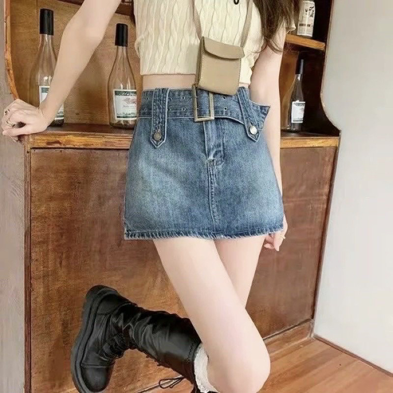 Chân váy jeans y2k,Chân váy jeans ngắn chữ A lưng cao, váy bò, chân váy jeasn tặng kèm belt, chân váy lót jeans (FREE ỐC