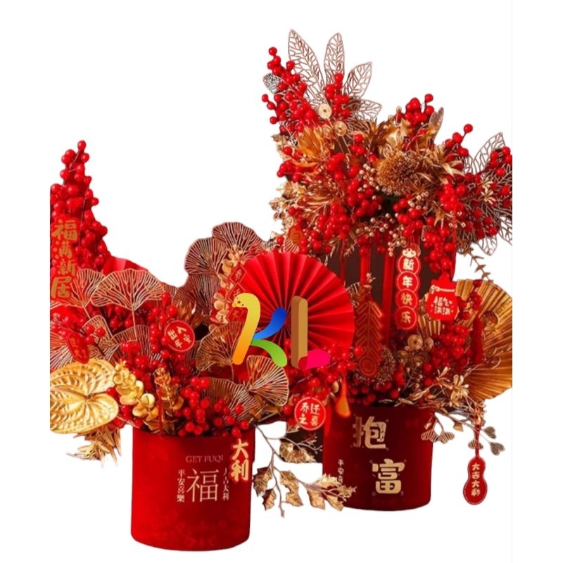 TRỤ NHUNG CẮM HOA TẾT, CẮM ĐÀO ĐÔNG, LÚA MẠCH - CHẬU ĐỎ MAY MẮN