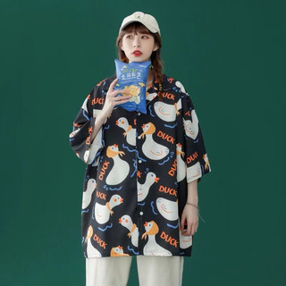 (Kèm Ảnh Thật) Sơ Mi Tay Lở Dành Cho Nam Nữ Unisex Mặc Đi Biển Vải Siêu Mát In Họa Tiết Vịt Hoạt Hình Hàn Quốc