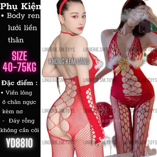Yd8810 - tất lưới liền thân viền lông gắn nơ nhũ vàng phong cách giáng sinh có bigsize - bodystocking xẻ đáy