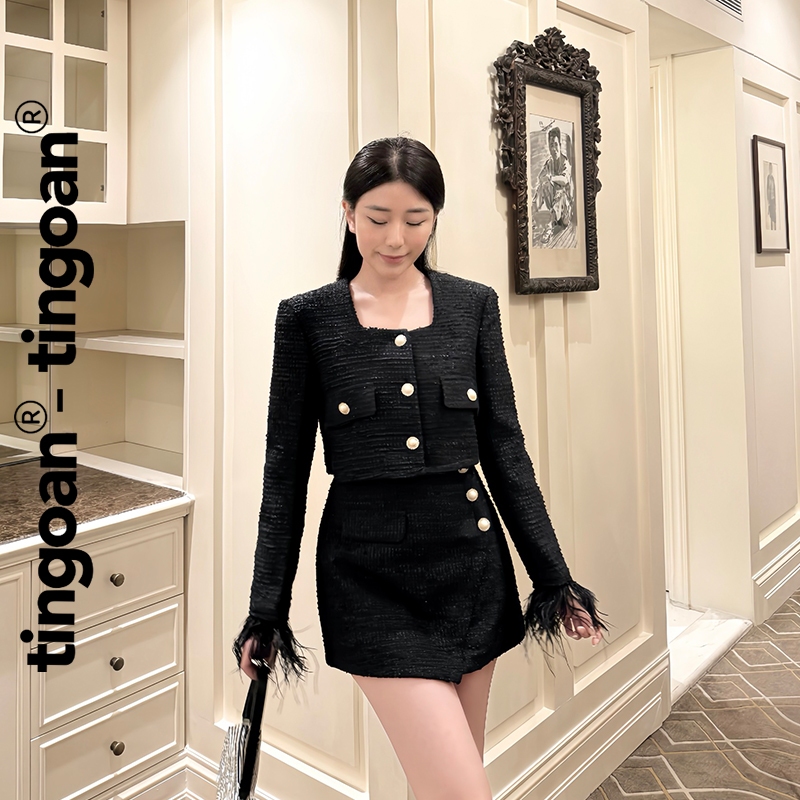 TINGOAN®  - Áo khoác tweed crop nhỏ ngắn cổ vuông tay đáp lông sợi đen CANDY FLOSS JACKET/BL