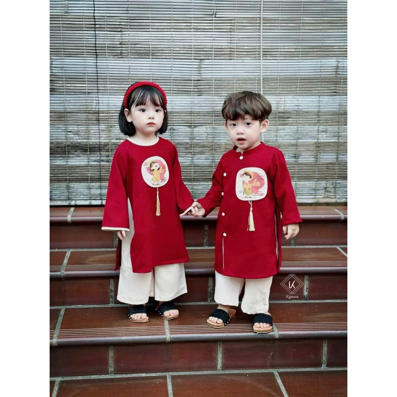 Set áo dài Tết chất nhung chéo cho bé trai và bé gái in chữ An