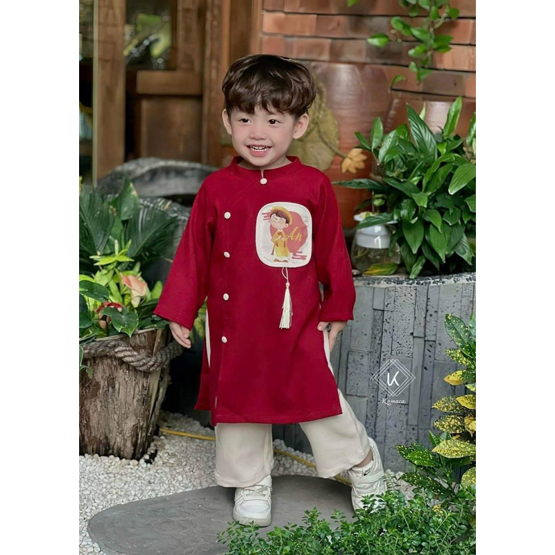 Set áo dài Tết chất nhung chéo cho bé trai và bé gái in chữ An