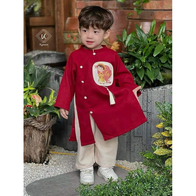Set áo dài Tết chất nhung chéo cho bé trai và bé gái in chữ An