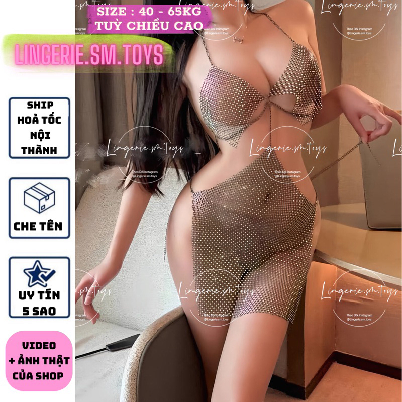 Váy Dây Lưới Đính Đá Sáng Phối Dây Móc Xích Cá Tính Sang Chảnh - Đầm Dây Gợi Cảm Sexy