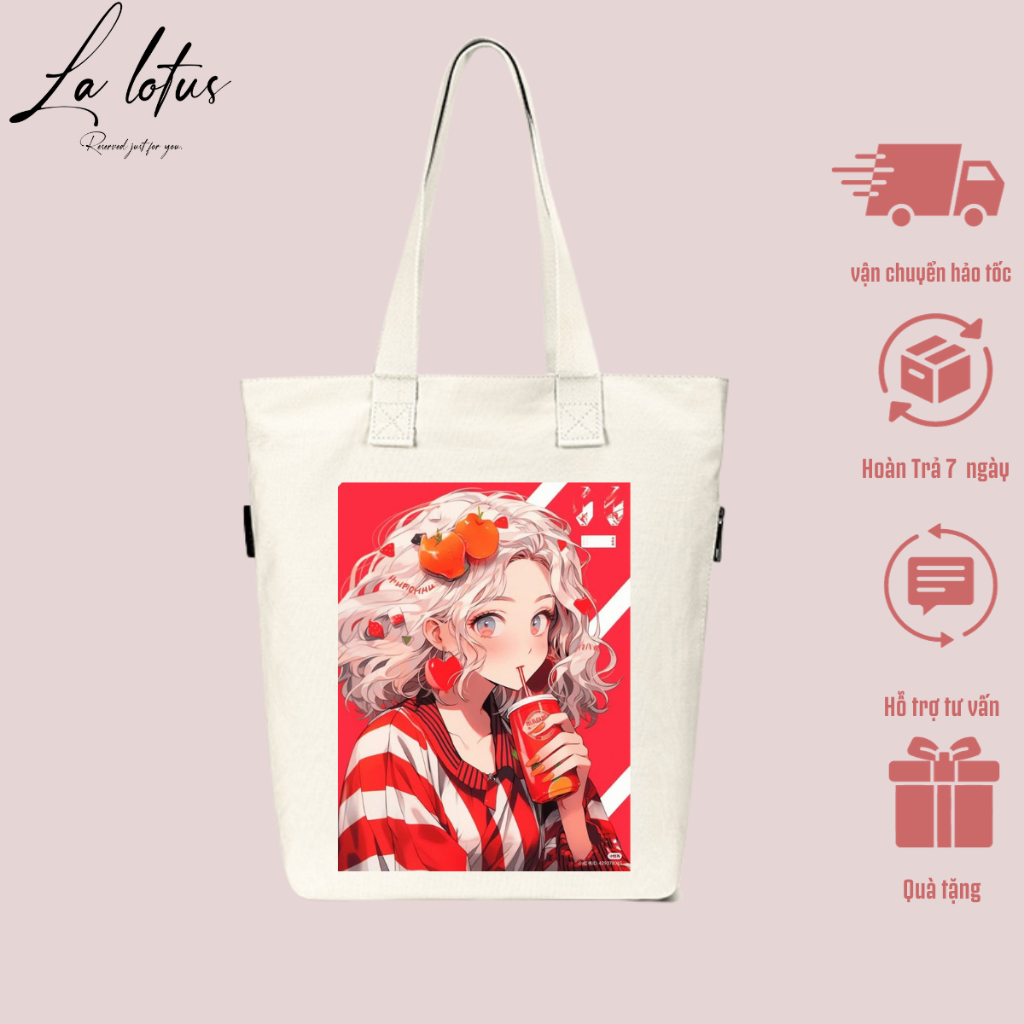 Túi tote La Lotus vải canvas bộ sưu tập girl cute có khóa kéo đáy mở rộng,CG03