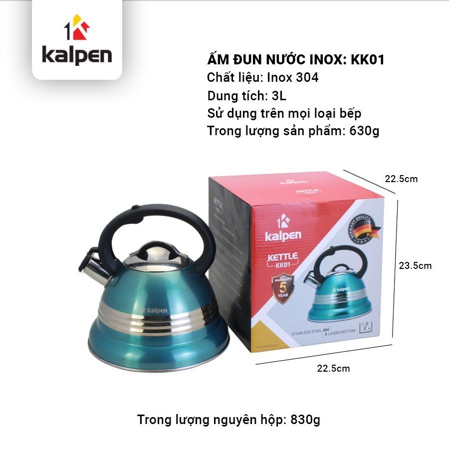 Ấm đun nước bếp từ Ấm siêu tốc inox KALPEN KK01 Ấm đun từ dung tích 3L có còi báo sôi bảo hành 5 năm
